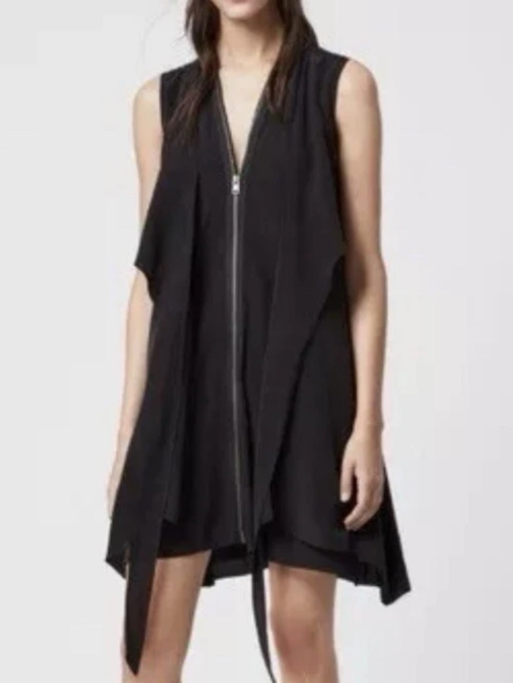 AllSaints Jayda Silk Dress Black Sleeveless Zip Front Drape Asymmetrical US 4*26
